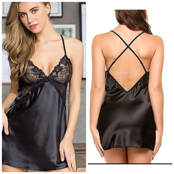 New in package - Large- Black Silky w Lace Nightgown Teddy Lingerie - Picture 2 of 6